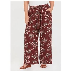 2/$30 Torrid Floral Wide Leg Crepe Pants 2X Maroon Waist Tie Pull On Lightweight